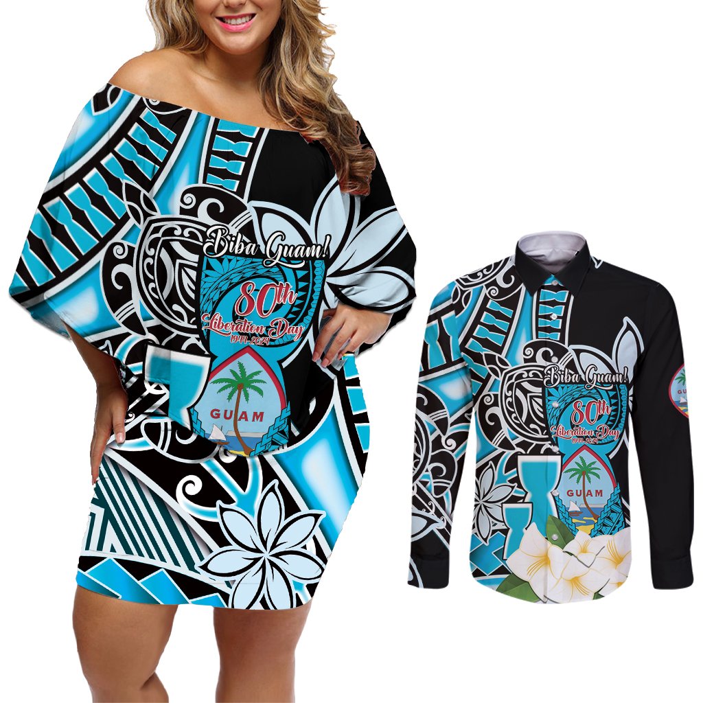 Personalised Guam Liberation Day Couples Matching Off Shoulder Short Dress and Long Sleeve Button Shirt 80th Anniversary Chamorro Latte Stone With Guasali Flowers LT14 Blue - Polynesian Pride