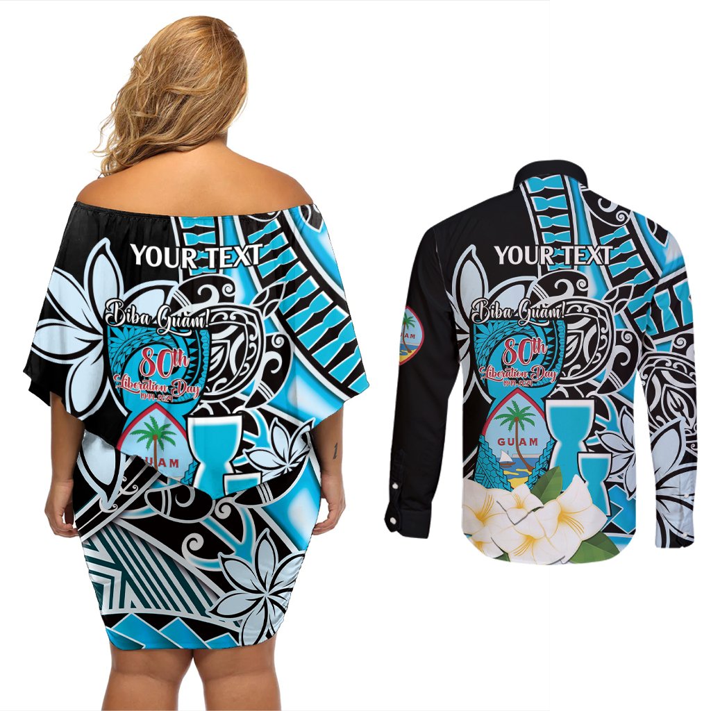 Personalised Guam Liberation Day Couples Matching Off Shoulder Short Dress and Long Sleeve Button Shirt 80th Anniversary Chamorro Latte Stone With Guasali Flowers LT14 - Polynesian Pride