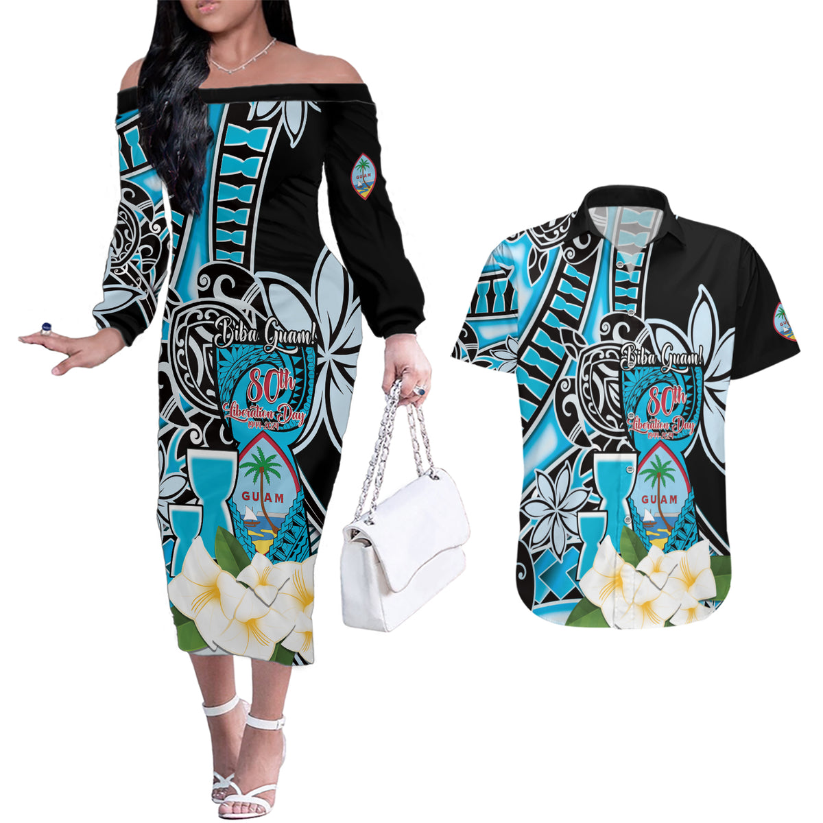 Personalised Guam Liberation Day Couples Matching Off The Shoulder Long Sleeve Dress and Hawaiian Shirt 80th Anniversary Chamorro Latte Stone With Guasali Flowers LT14 Blue - Polynesian Pride