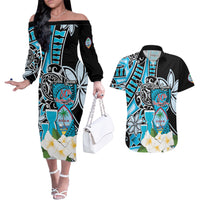 Personalised Guam Liberation Day Couples Matching Off The Shoulder Long Sleeve Dress and Hawaiian Shirt 80th Anniversary Chamorro Latte Stone With Guasali Flowers LT14 Blue - Polynesian Pride