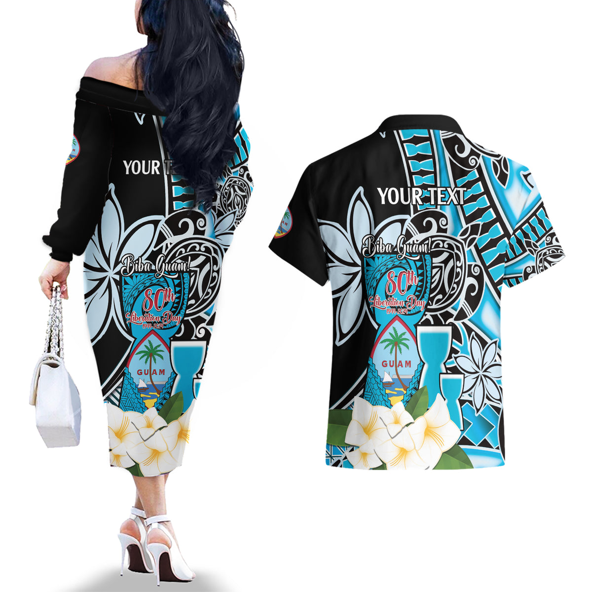 Personalised Guam Liberation Day Couples Matching Off The Shoulder Long Sleeve Dress and Hawaiian Shirt 80th Anniversary Chamorro Latte Stone With Guasali Flowers LT14 - Polynesian Pride