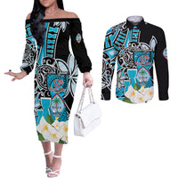 Personalised Guam Liberation Day Couples Matching Off The Shoulder Long Sleeve Dress and Long Sleeve Button Shirt 80th Anniversary Chamorro Latte Stone With Guasali Flowers LT14 Blue - Polynesian Pride