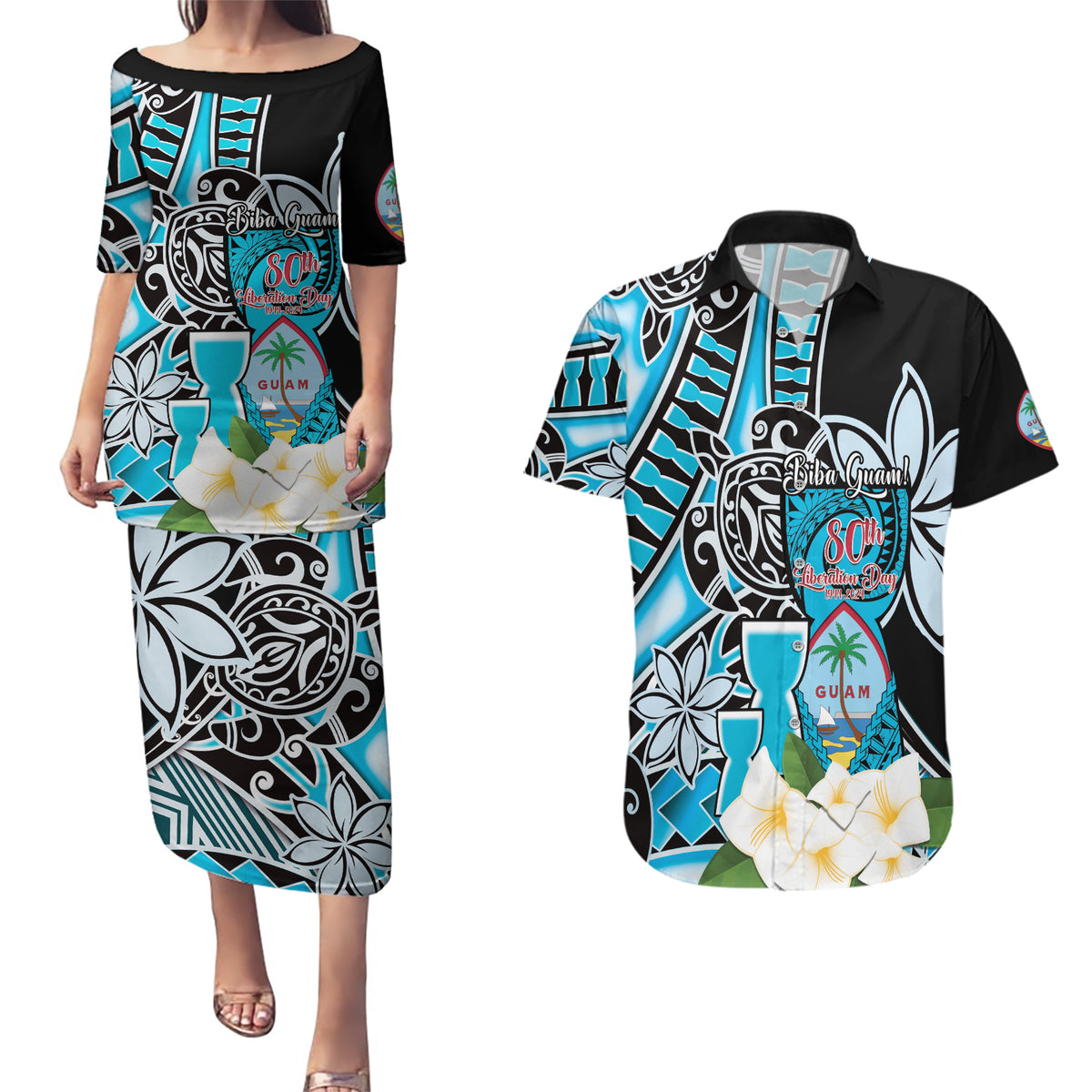 Personalised Guam Liberation Day Couples Matching Puletasi and Hawaiian Shirt 80th Anniversary Chamorro Latte Stone With Guasali Flowers LT14 Blue - Polynesian Pride