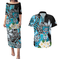 Personalised Guam Liberation Day Couples Matching Puletasi and Hawaiian Shirt 80th Anniversary Chamorro Latte Stone With Guasali Flowers LT14 Blue - Polynesian Pride