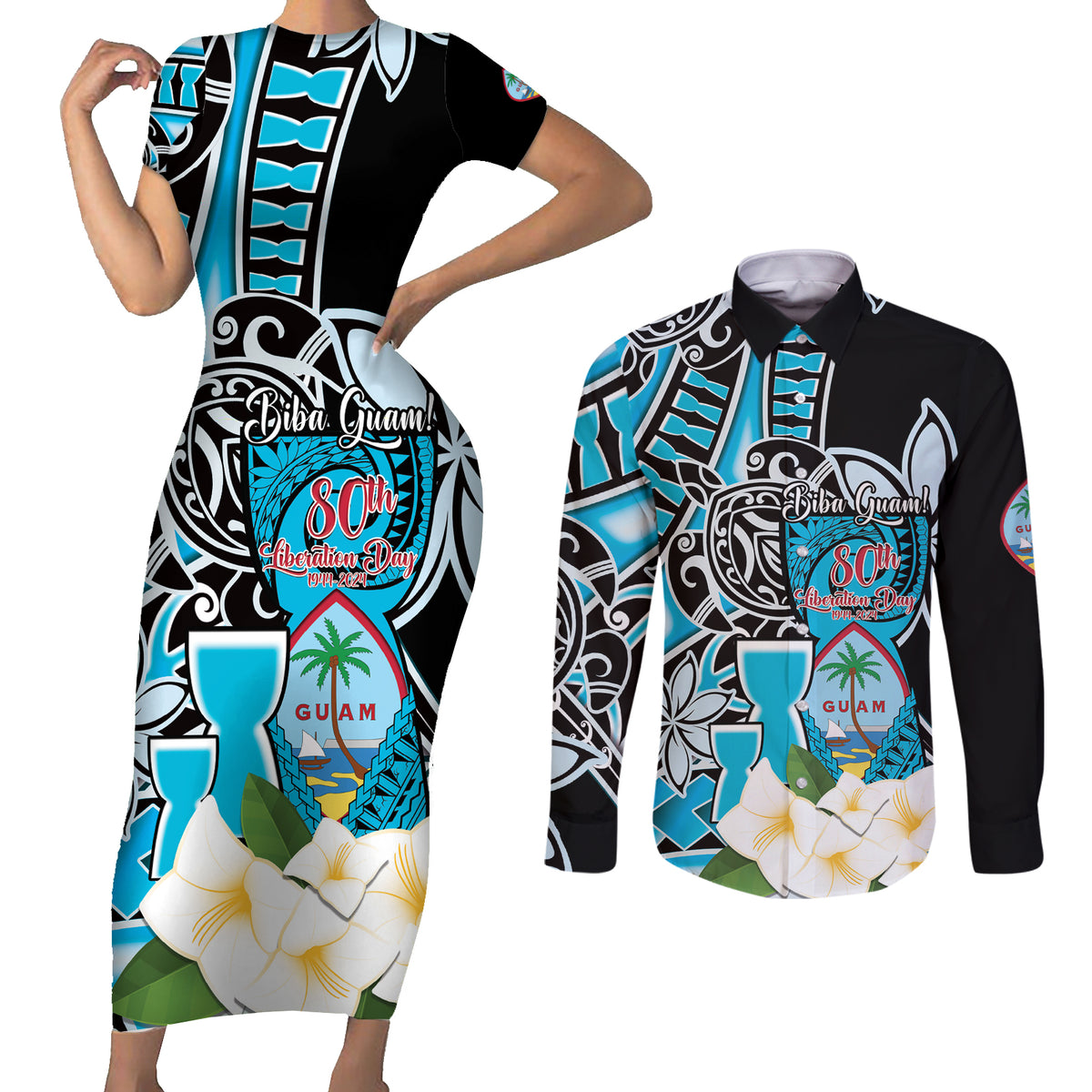 Personalised Guam Liberation Day Couples Matching Short Sleeve Bodycon Dress and Long Sleeve Button Shirt 80th Anniversary Chamorro Latte Stone With Guasali Flowers LT14 Blue - Polynesian Pride