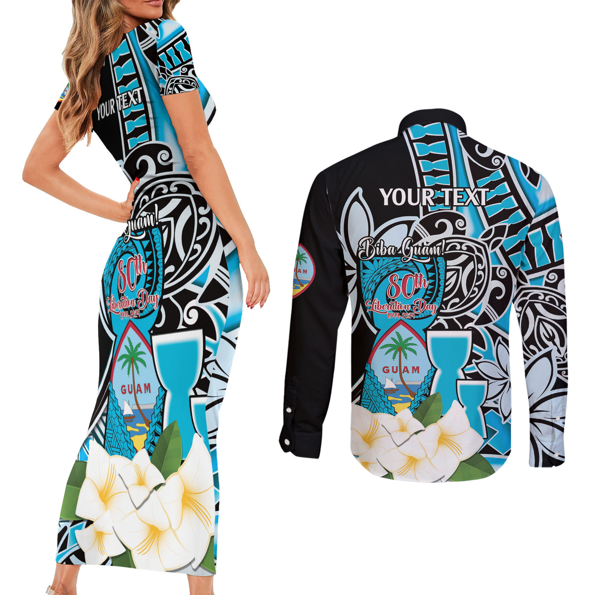 Personalised Guam Liberation Day Couples Matching Short Sleeve Bodycon Dress and Long Sleeve Button Shirt 80th Anniversary Chamorro Latte Stone With Guasali Flowers LT14 - Polynesian Pride
