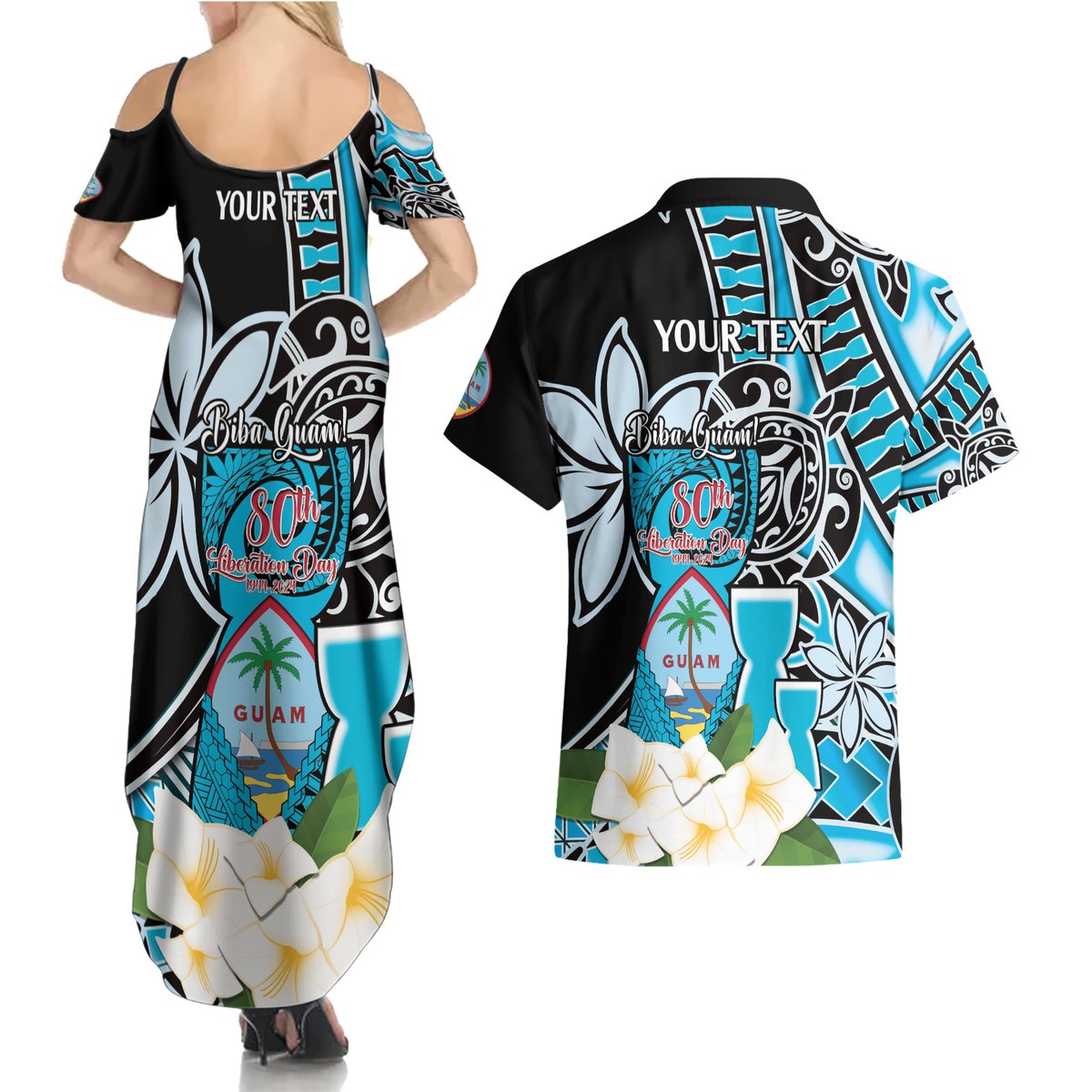 Personalised Guam Liberation Day Couples Matching Summer Maxi Dress and Hawaiian Shirt 80th Anniversary Chamorro Latte Stone With Guasali Flowers LT14 - Polynesian Pride
