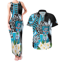 Personalised Guam Liberation Day Couples Matching Tank Maxi Dress and Hawaiian Shirt 80th Anniversary Chamorro Latte Stone With Guasali Flowers LT14 Blue - Polynesian Pride