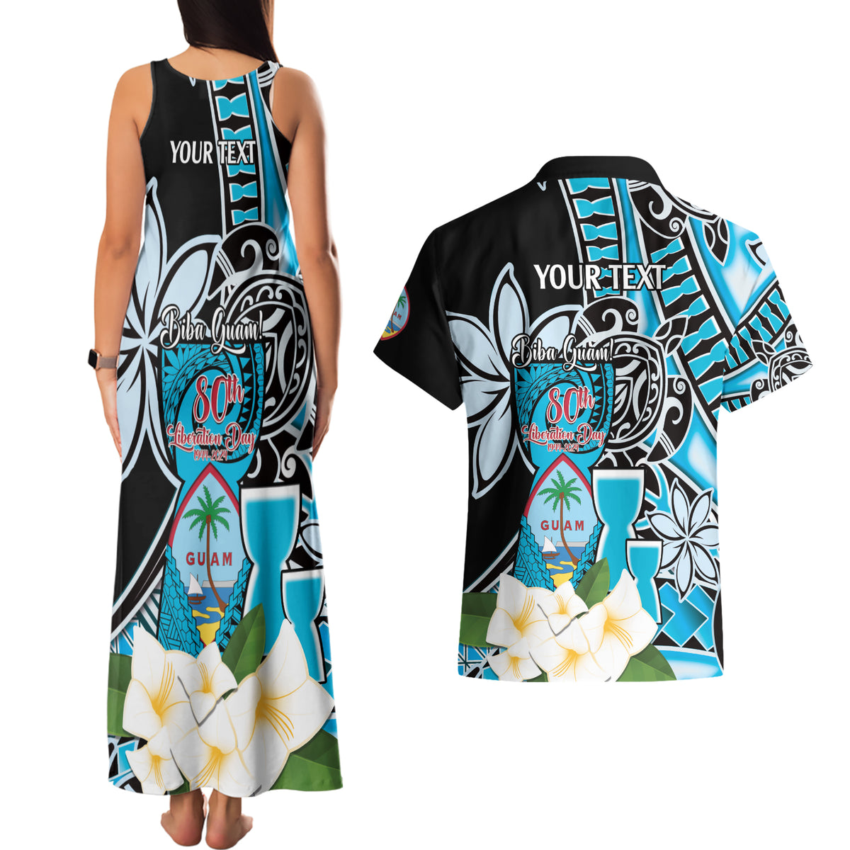 Personalised Guam Liberation Day Couples Matching Tank Maxi Dress and Hawaiian Shirt 80th Anniversary Chamorro Latte Stone With Guasali Flowers LT14 - Polynesian Pride