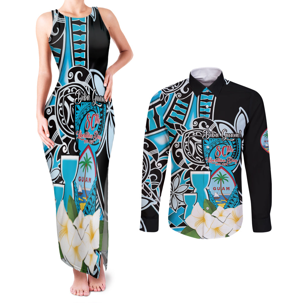 Personalised Guam Liberation Day Couples Matching Tank Maxi Dress and Long Sleeve Button Shirt 80th Anniversary Chamorro Latte Stone With Guasali Flowers LT14 Blue - Polynesian Pride