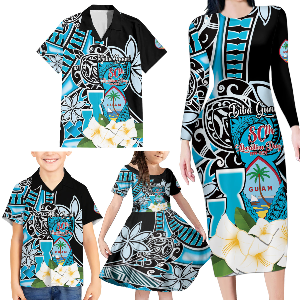 Personalised Guam Liberation Day Family Matching Long Sleeve Bodycon Dress and Hawaiian Shirt 80th Anniversary Chamorro Latte Stone With Guasali Flowers LT14 - Polynesian Pride