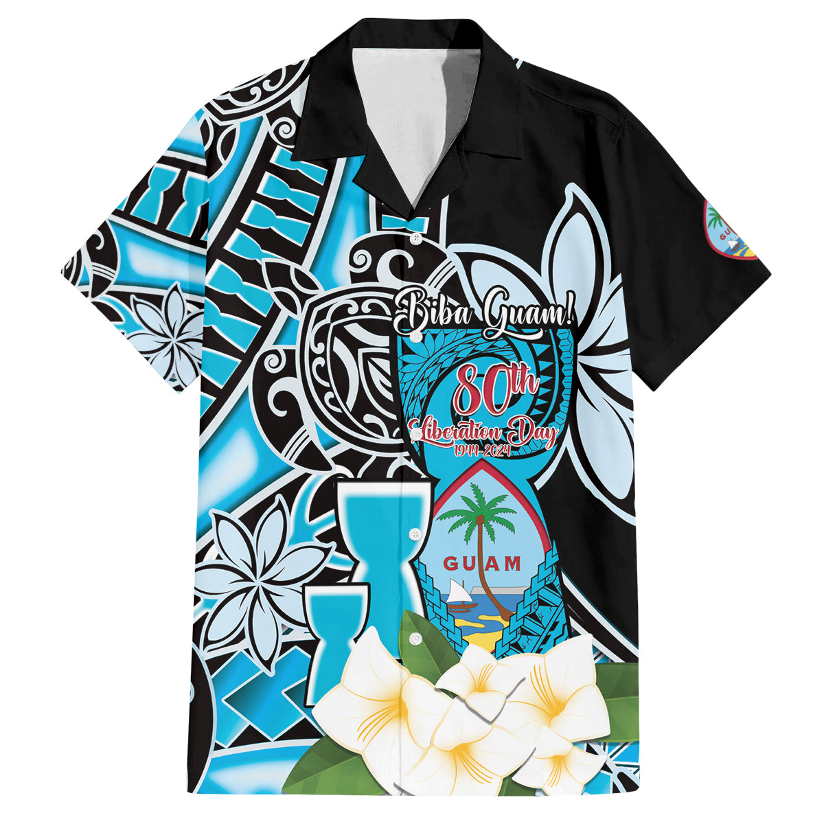 Personalised Guam Liberation Day Family Matching Long Sleeve Bodycon Dress and Hawaiian Shirt 80th Anniversary Chamorro Latte Stone With Guasali Flowers LT14 Dad's Shirt - Short Sleeve Blue - Polynesian Pride