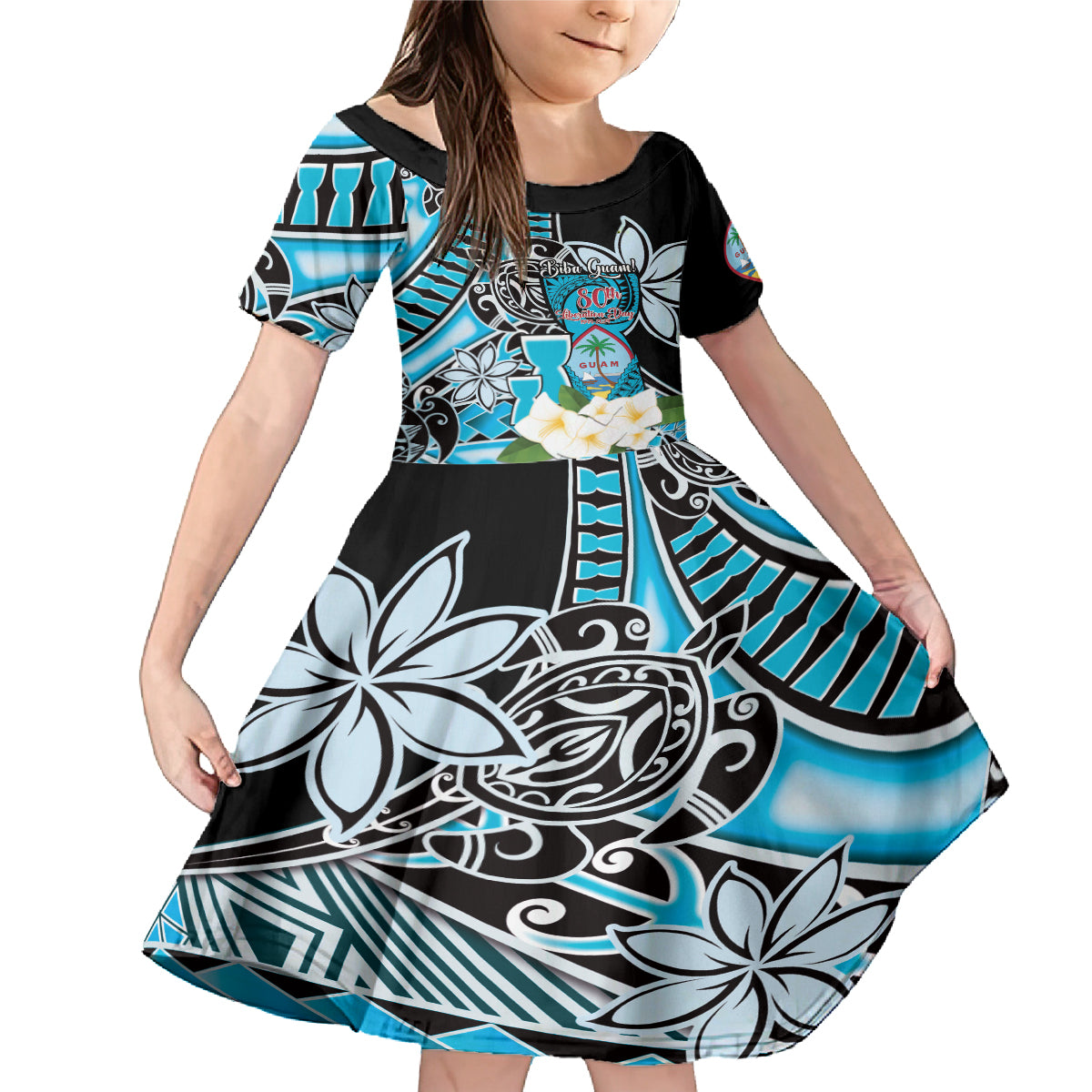 Personalised Guam Liberation Day Family Matching Mermaid Dress and Hawaiian Shirt 80th Anniversary Chamorro Latte Stone With Guasali Flowers LT14 Daughter's Dress Blue - Polynesian Pride