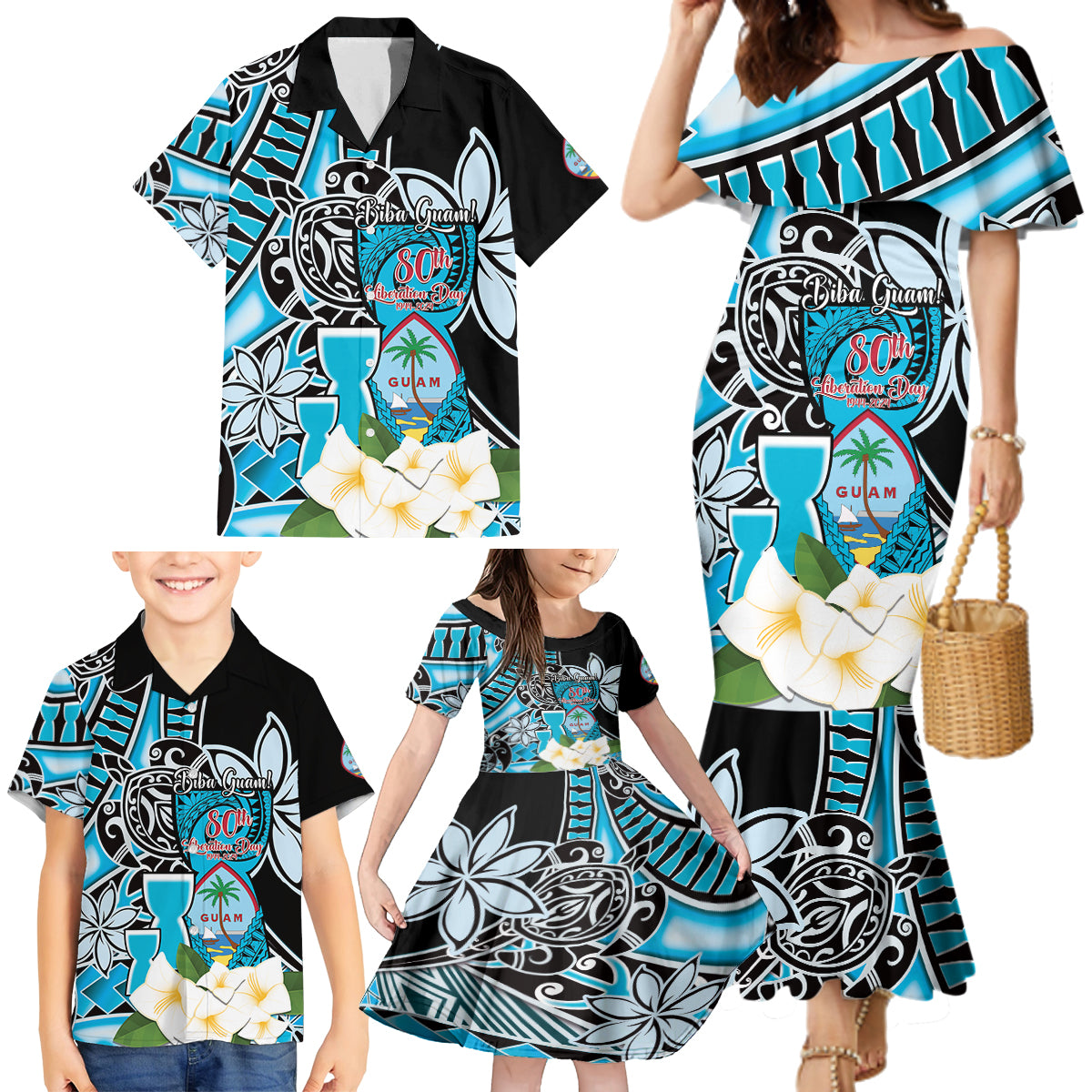 Personalised Guam Liberation Day Family Matching Mermaid Dress and Hawaiian Shirt 80th Anniversary Chamorro Latte Stone With Guasali Flowers LT14 - Polynesian Pride