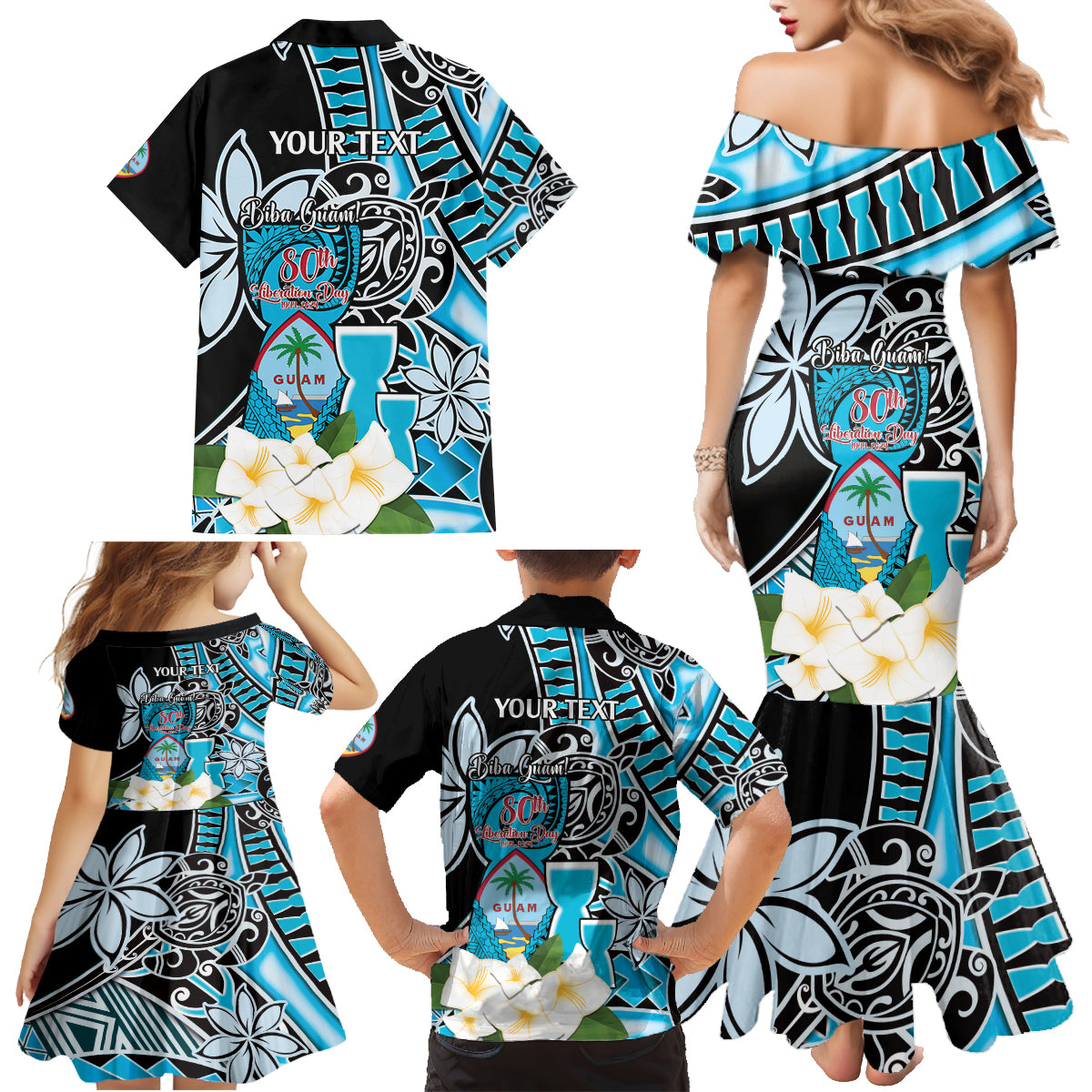 Personalised Guam Liberation Day Family Matching Mermaid Dress and Hawaiian Shirt 80th Anniversary Chamorro Latte Stone With Guasali Flowers LT14 - Polynesian Pride