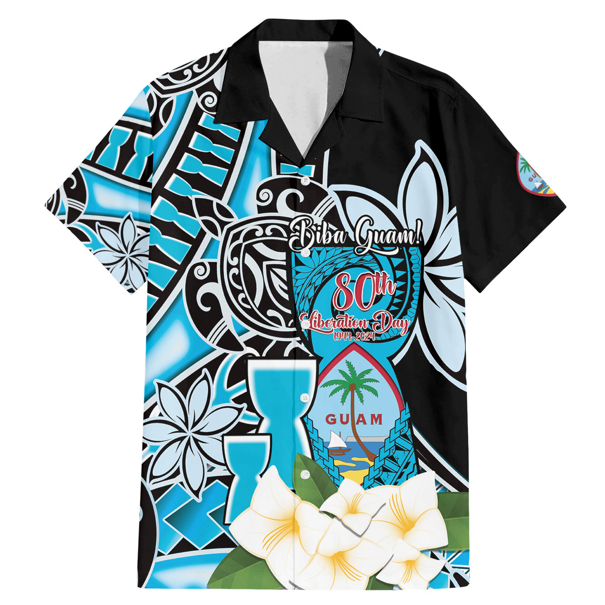 Personalised Guam Liberation Day Family Matching Mermaid Dress and Hawaiian Shirt 80th Anniversary Chamorro Latte Stone With Guasali Flowers LT14 Dad's Shirt - Short Sleeve Blue - Polynesian Pride