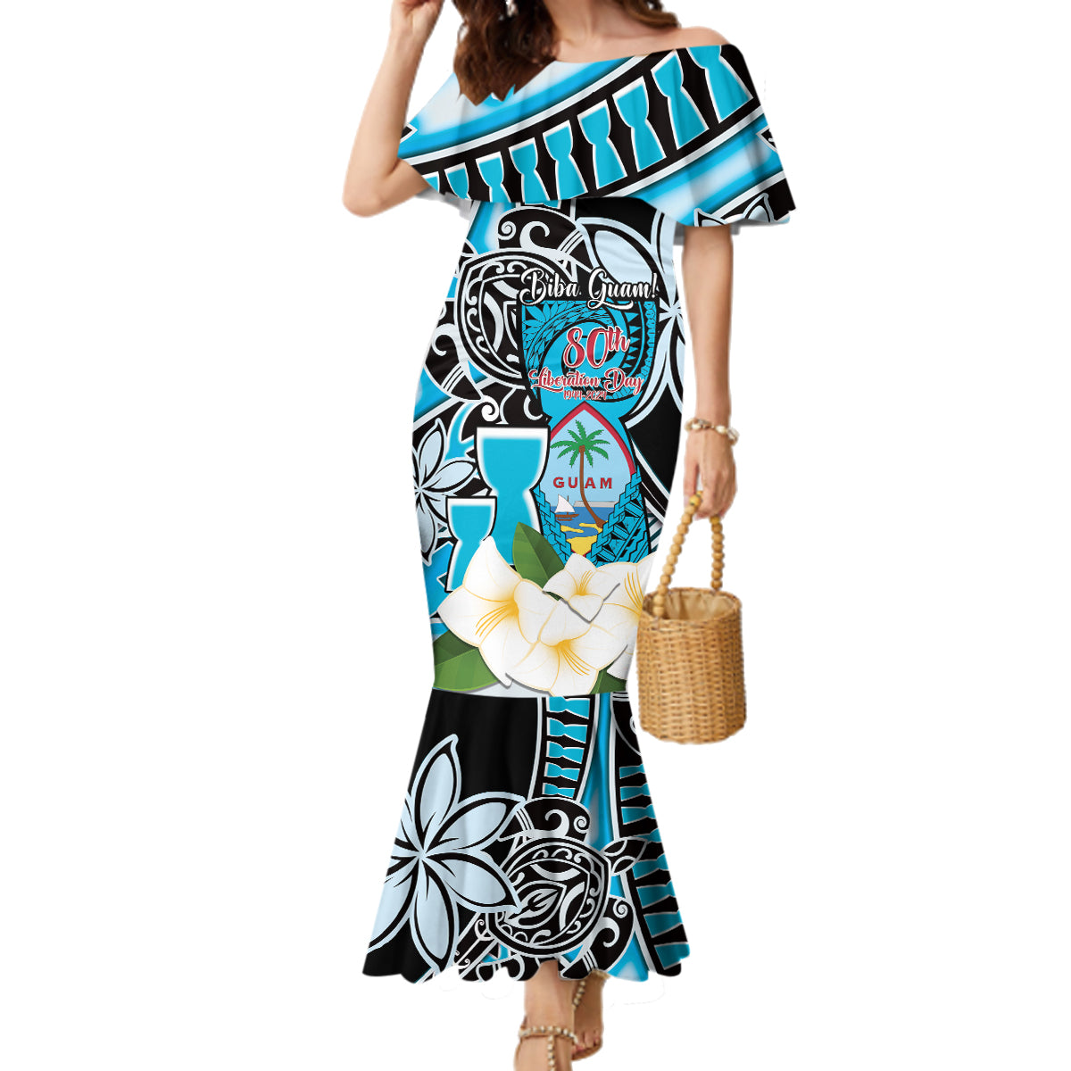 Personalised Guam Liberation Day Family Matching Mermaid Dress and Hawaiian Shirt 80th Anniversary Chamorro Latte Stone With Guasali Flowers LT14 Mom's Dress Blue - Polynesian Pride