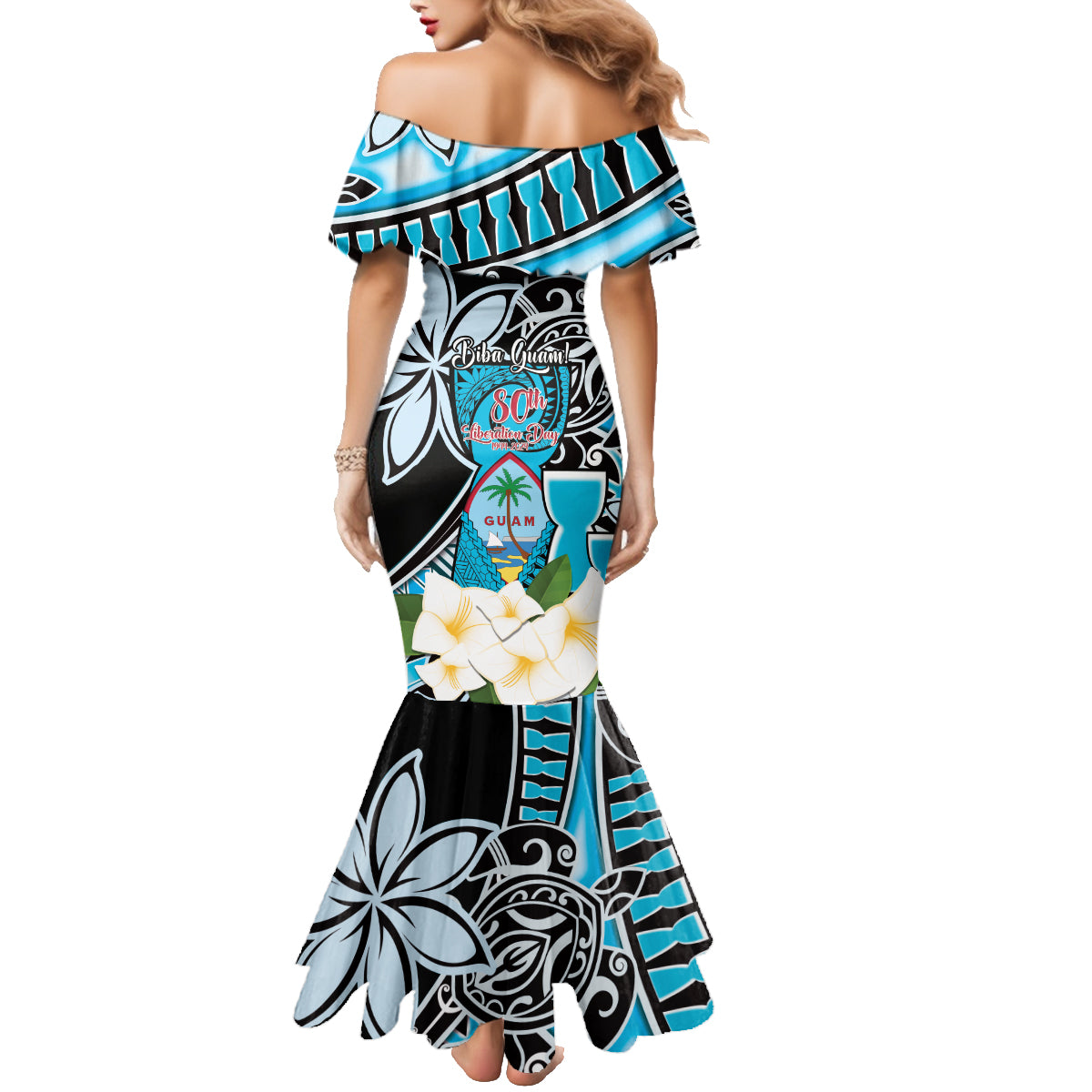 Personalised Guam Liberation Day Family Matching Mermaid Dress and Hawaiian Shirt 80th Anniversary Chamorro Latte Stone With Guasali Flowers LT14 - Polynesian Pride