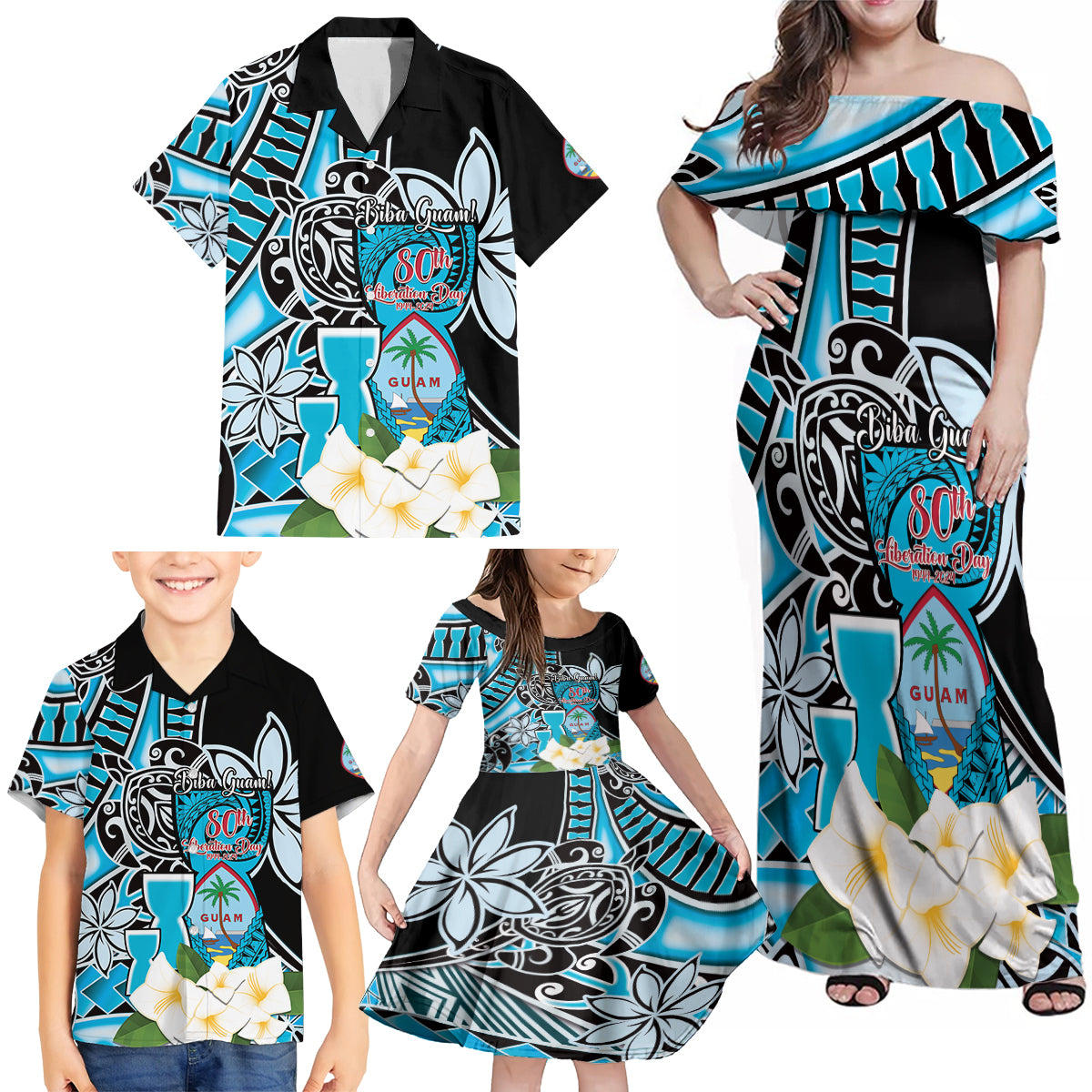 Personalised Guam Liberation Day Family Matching Off Shoulder Maxi Dress and Hawaiian Shirt 80th Anniversary Chamorro Latte Stone With Guasali Flowers LT14 - Polynesian Pride