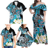 Personalised Guam Liberation Day Family Matching Off Shoulder Maxi Dress and Hawaiian Shirt 80th Anniversary Chamorro Latte Stone With Guasali Flowers LT14 - Polynesian Pride