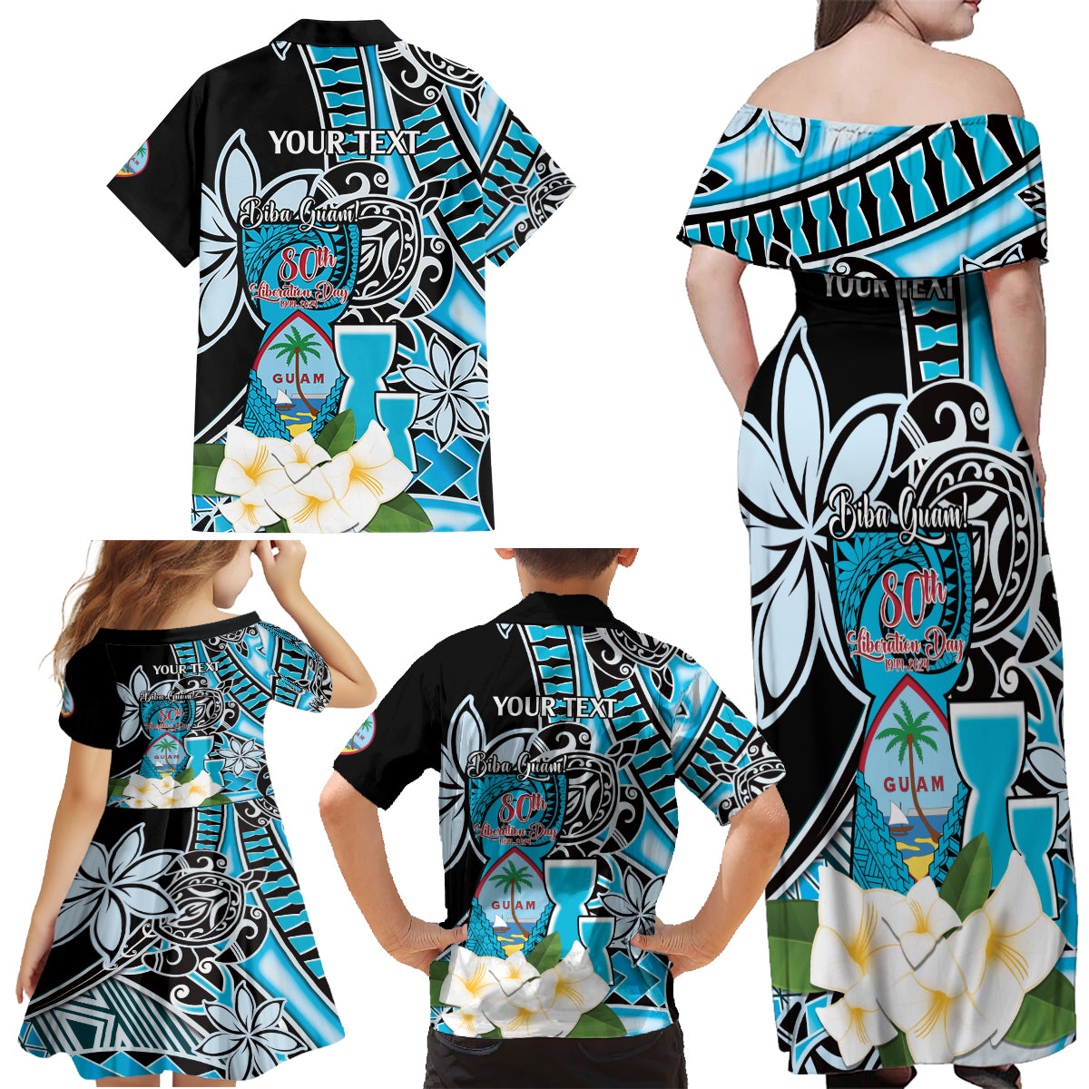 Personalised Guam Liberation Day Family Matching Off Shoulder Maxi Dress and Hawaiian Shirt 80th Anniversary Chamorro Latte Stone With Guasali Flowers LT14 - Polynesian Pride