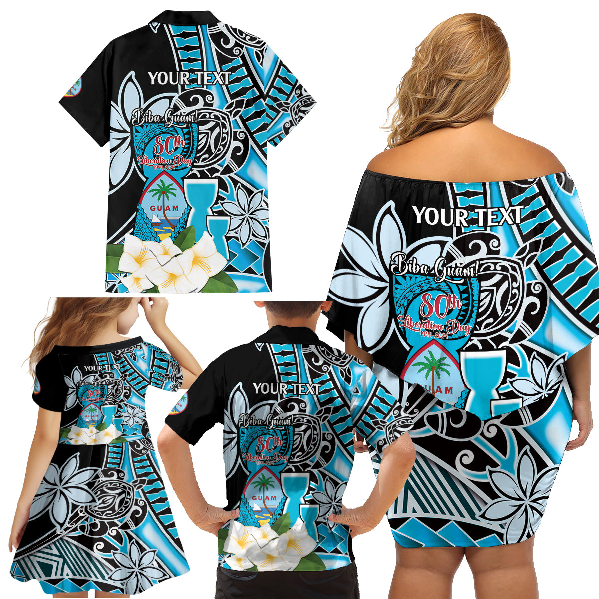 Personalised Guam Liberation Day Family Matching Off Shoulder Short Dress and Hawaiian Shirt 80th Anniversary Chamorro Latte Stone With Guasali Flowers LT14 - Polynesian Pride
