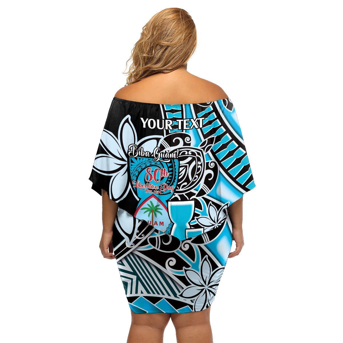 Personalised Guam Liberation Day Family Matching Off Shoulder Short Dress and Hawaiian Shirt 80th Anniversary Chamorro Latte Stone With Guasali Flowers LT14 - Polynesian Pride