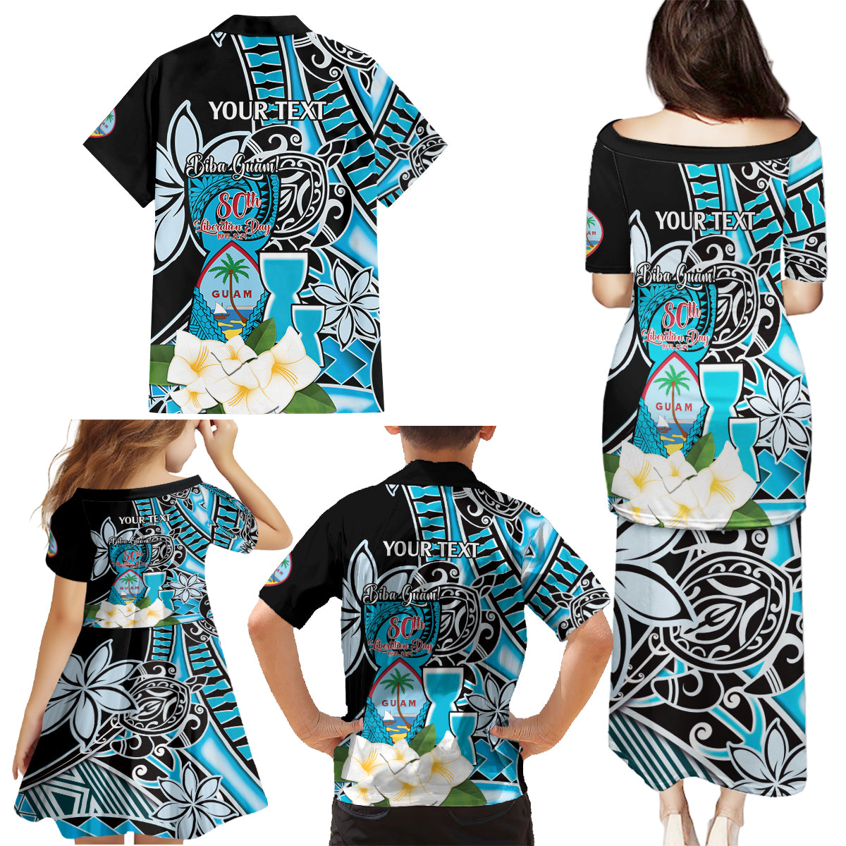 Personalised Guam Liberation Day Family Matching Puletasi and Hawaiian Shirt 80th Anniversary Chamorro Latte Stone With Guasali Flowers LT14 - Polynesian Pride