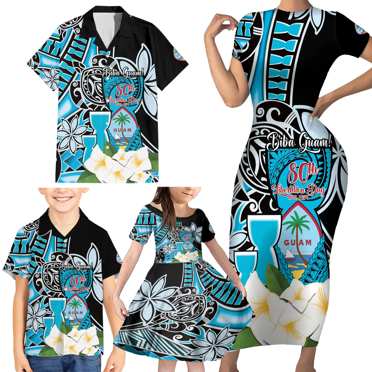 Personalised Guam Liberation Day Family Matching Short Sleeve Bodycon Dress and Hawaiian Shirt 80th Anniversary Chamorro Latte Stone With Guasali Flowers LT14 - Polynesian Pride