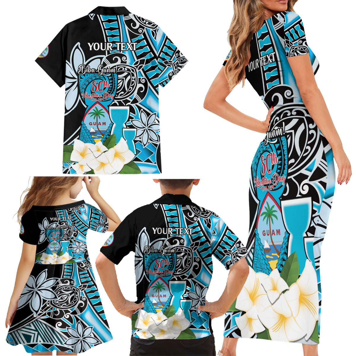 Personalised Guam Liberation Day Family Matching Short Sleeve Bodycon Dress and Hawaiian Shirt 80th Anniversary Chamorro Latte Stone With Guasali Flowers LT14 - Polynesian Pride