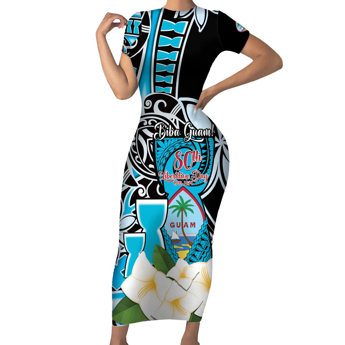 Personalised Guam Liberation Day Family Matching Short Sleeve Bodycon Dress and Hawaiian Shirt 80th Anniversary Chamorro Latte Stone With Guasali Flowers LT14 Mom's Dress Blue - Polynesian Pride