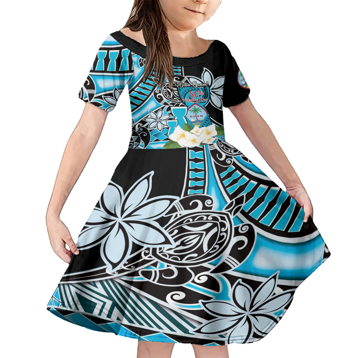 Personalised Guam Liberation Day Family Matching Summer Maxi Dress and Hawaiian Shirt 80th Anniversary Chamorro Latte Stone With Guasali Flowers LT14 Daughter's Dress Blue - Polynesian Pride