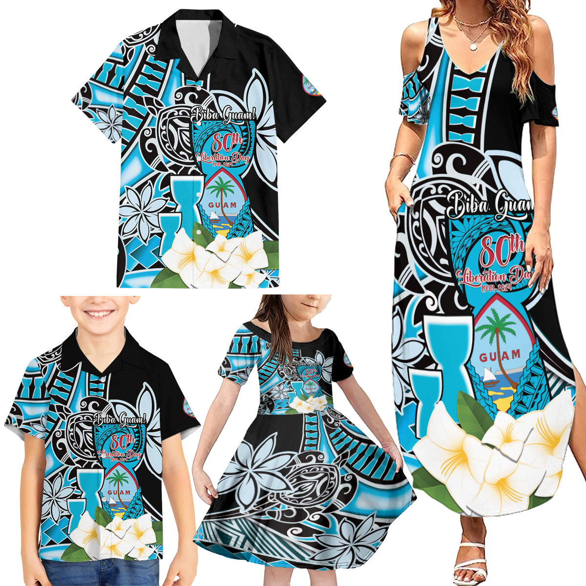 Personalised Guam Liberation Day Family Matching Summer Maxi Dress and Hawaiian Shirt 80th Anniversary Chamorro Latte Stone With Guasali Flowers LT14 - Polynesian Pride