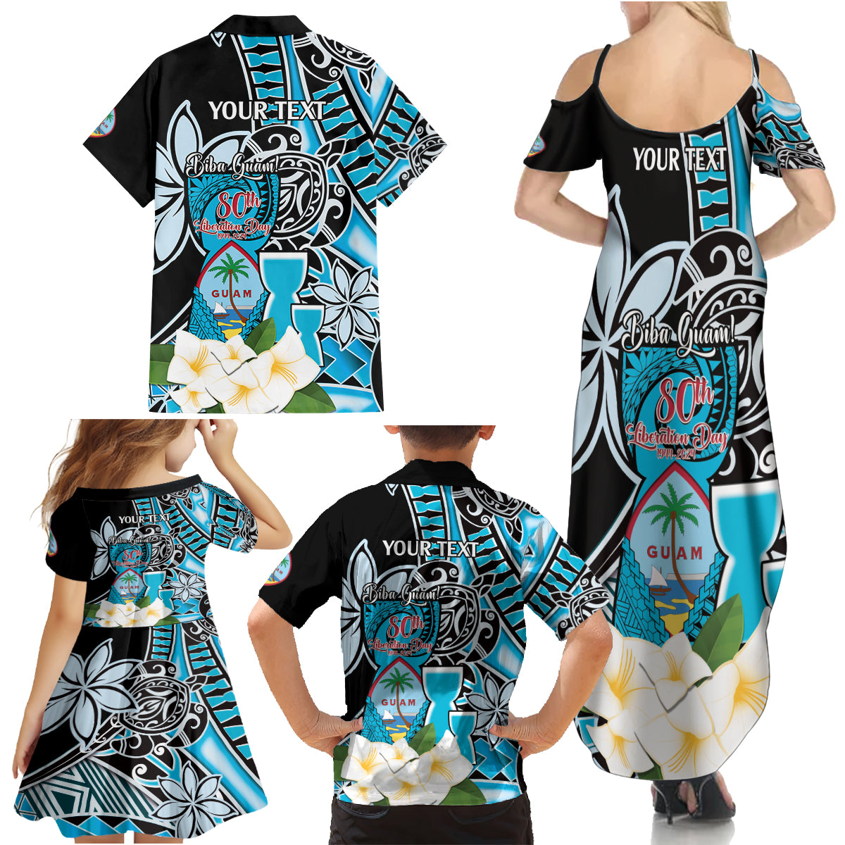 Personalised Guam Liberation Day Family Matching Summer Maxi Dress and Hawaiian Shirt 80th Anniversary Chamorro Latte Stone With Guasali Flowers LT14 - Polynesian Pride