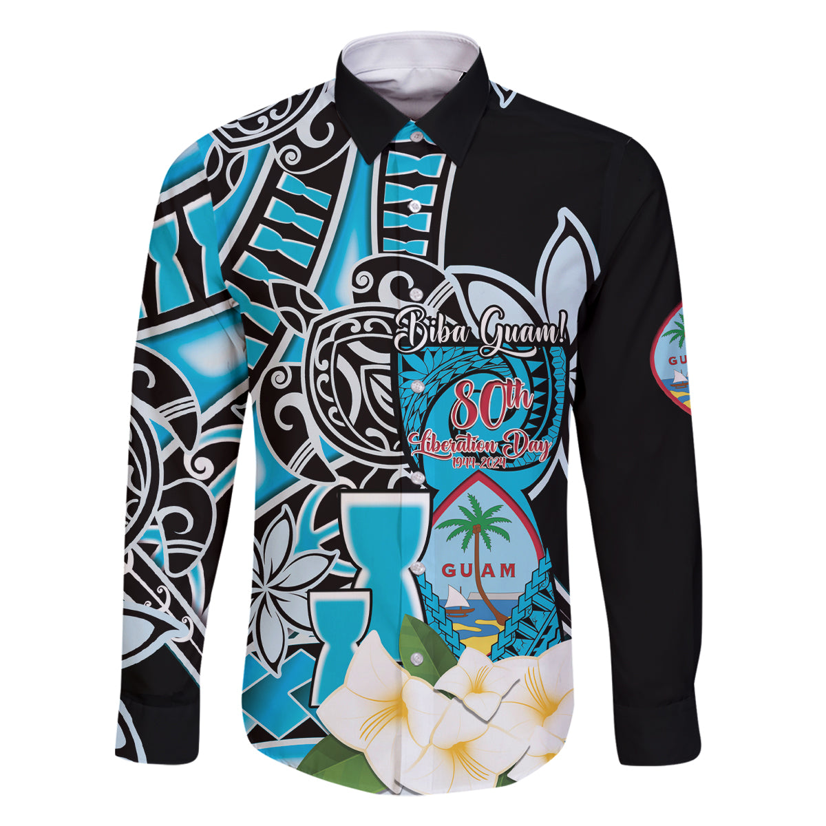 Personalised Guam Liberation Day Family Matching Summer Maxi Dress and Hawaiian Shirt 80th Anniversary Chamorro Latte Stone With Guasali Flowers LT14 Dad's Shirt - Long Sleeve Blue - Polynesian Pride