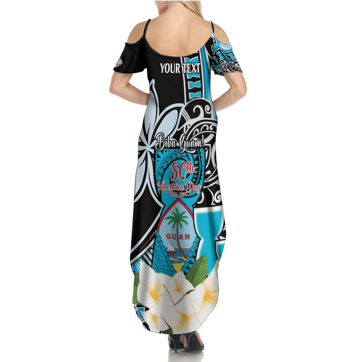 Personalised Guam Liberation Day Family Matching Summer Maxi Dress and Hawaiian Shirt 80th Anniversary Chamorro Latte Stone With Guasali Flowers LT14 - Polynesian Pride