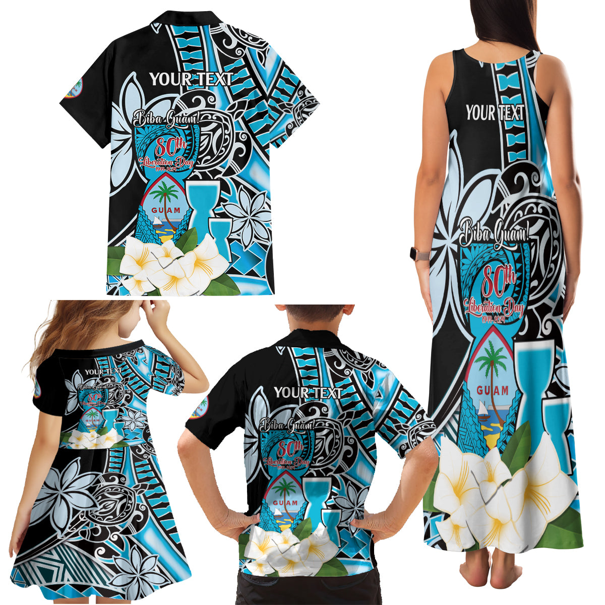 Personalised Guam Liberation Day Family Matching Tank Maxi Dress and Hawaiian Shirt 80th Anniversary Chamorro Latte Stone With Guasali Flowers LT14 - Polynesian Pride