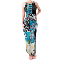Personalised Guam Liberation Day Family Matching Tank Maxi Dress and Hawaiian Shirt 80th Anniversary Chamorro Latte Stone With Guasali Flowers LT14 Mom's Dress Blue - Polynesian Pride