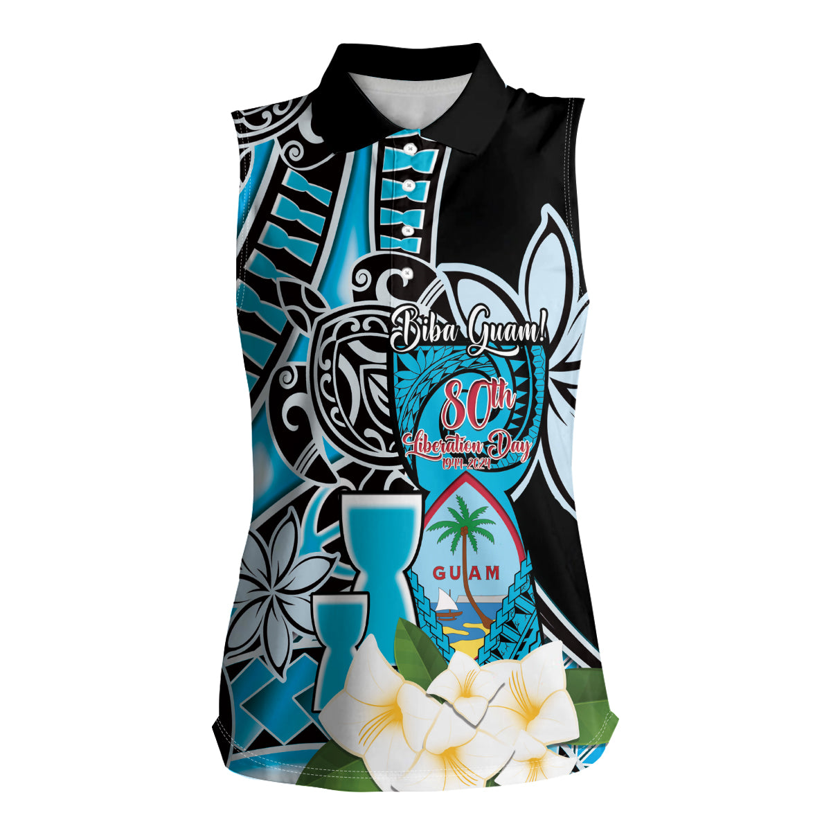Personalised Guam Liberation Day Women Sleeveless Polo Shirt 80th Anniversary Chamorro Latte Stone With Guasali Flowers LT14 Female Blue - Polynesian Pride