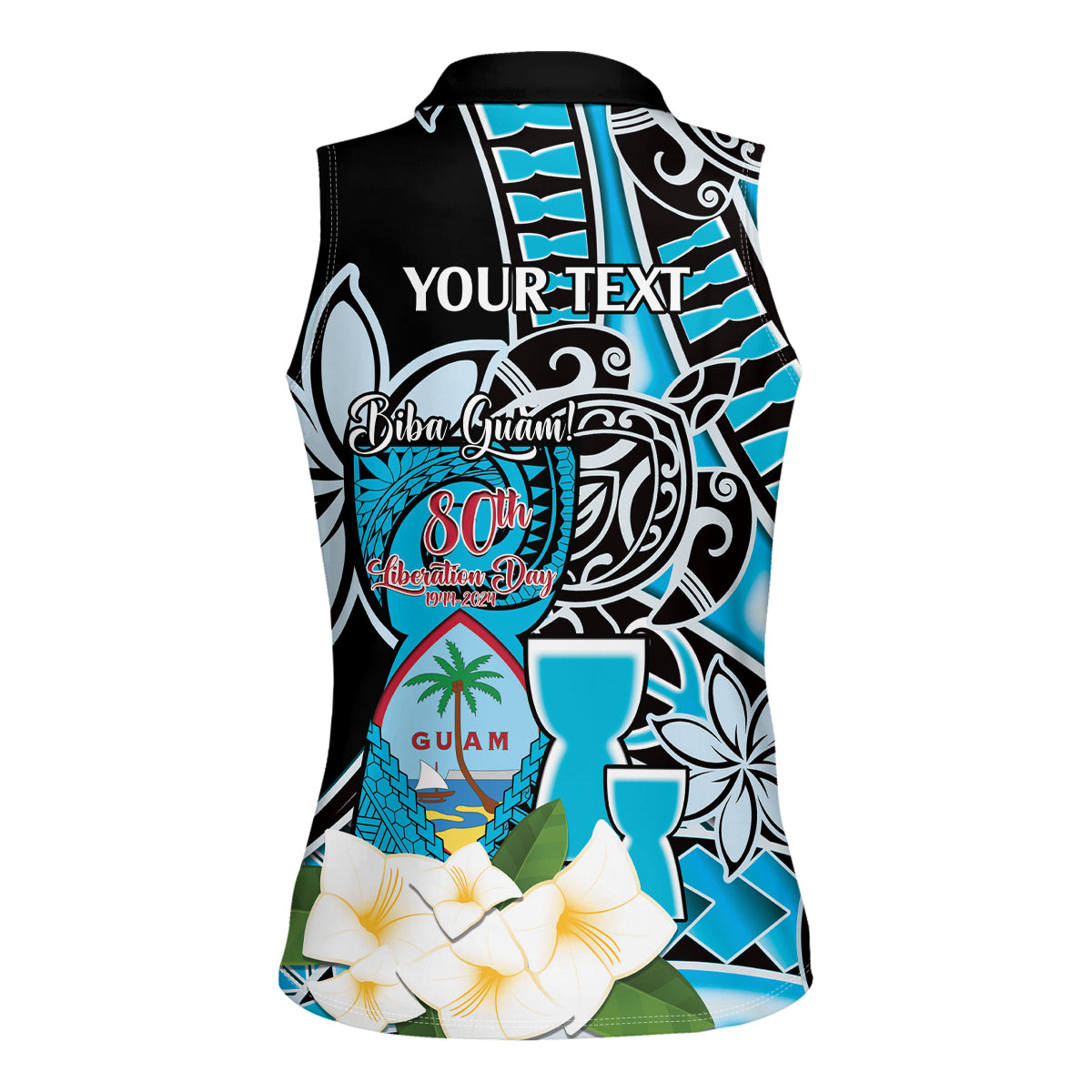 Personalised Guam Liberation Day Women Sleeveless Polo Shirt 80th Anniversary Chamorro Latte Stone With Guasali Flowers LT14 - Polynesian Pride