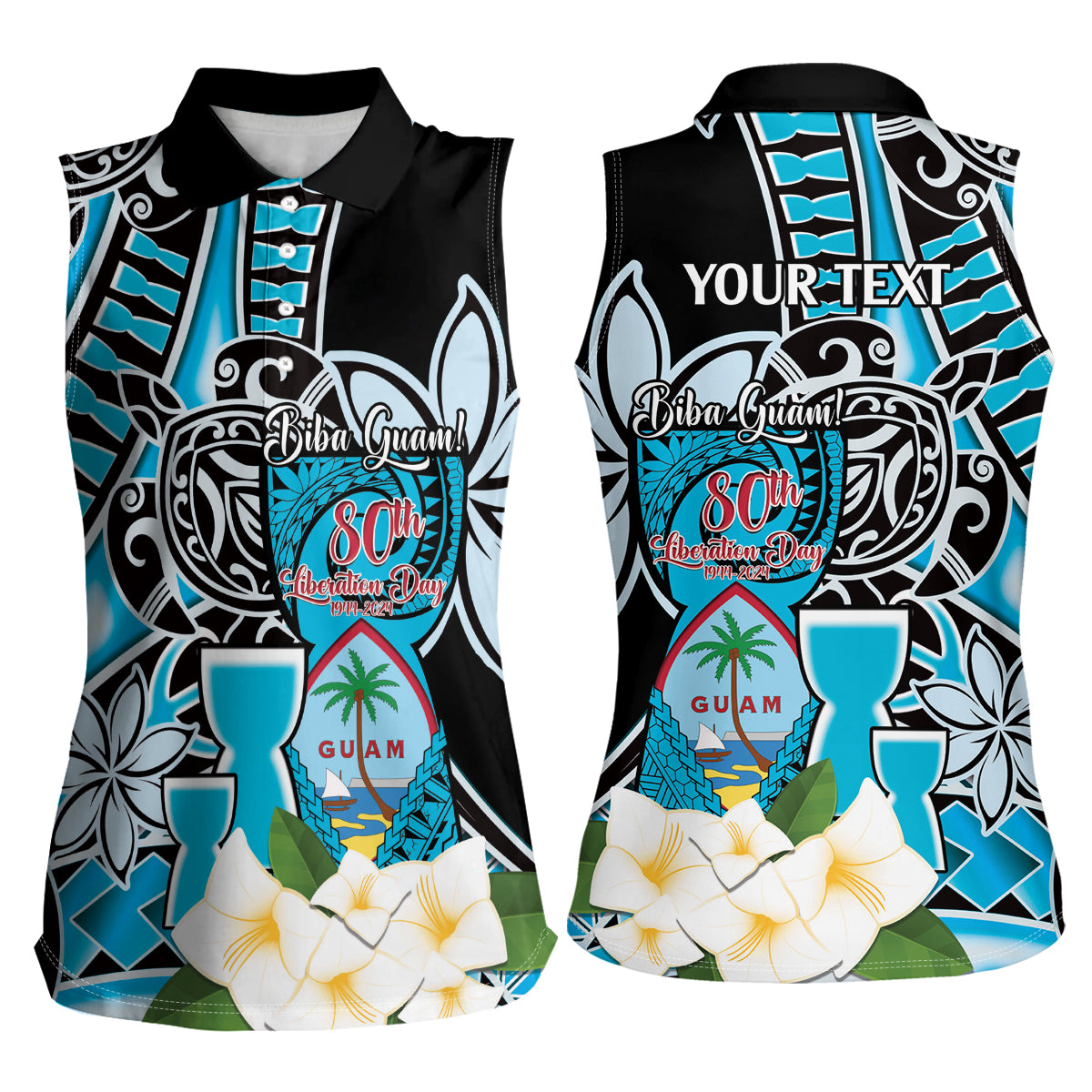 Personalised Guam Liberation Day Women Sleeveless Polo Shirt 80th Anniversary Chamorro Latte Stone With Guasali Flowers LT14 - Polynesian Pride