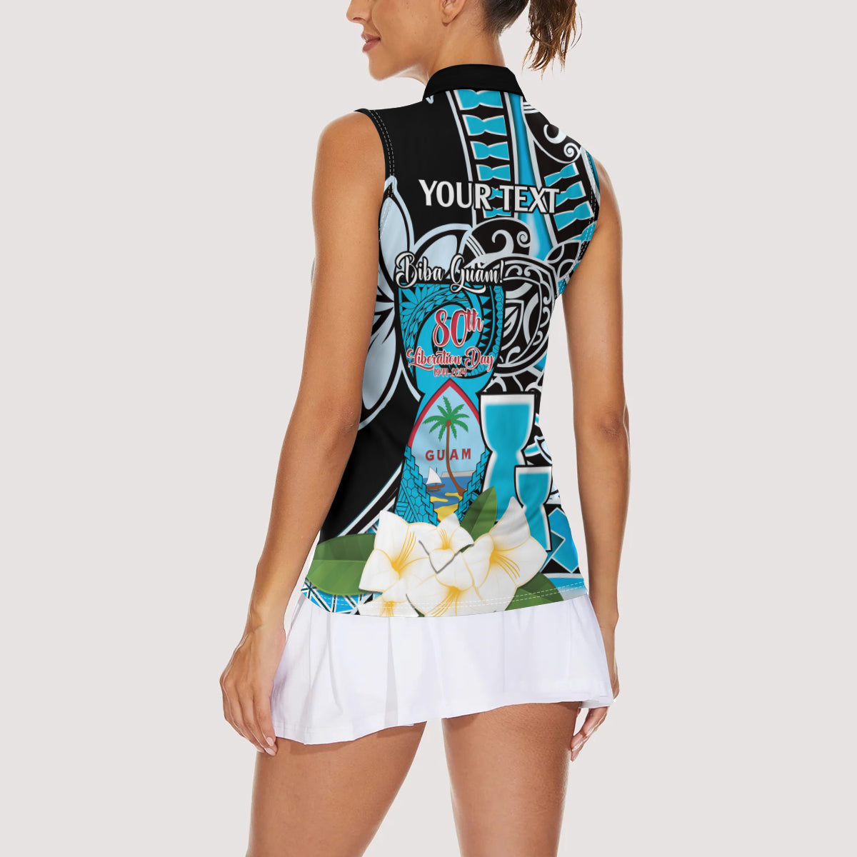 Personalised Guam Liberation Day Women Sleeveless Polo Shirt 80th Anniversary Chamorro Latte Stone With Guasali Flowers LT14 - Polynesian Pride