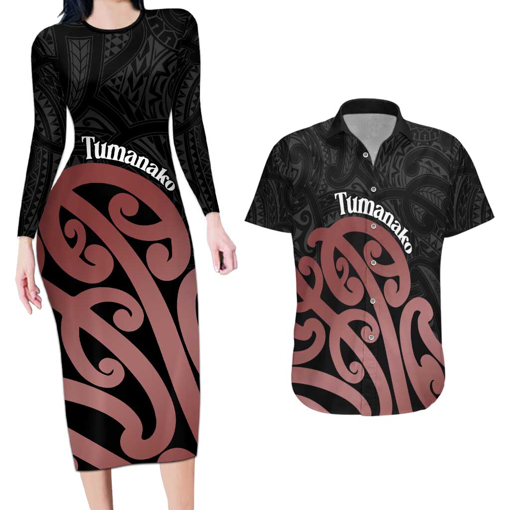 New Zealand Mangopare Tamanako Couples Matching Long Sleeve Bodycon Dress and Hawaiian Shirt Aotearoa Maori LT14 Brown - Polynesian Pride