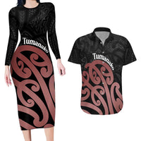 New Zealand Mangopare Tamanako Couples Matching Long Sleeve Bodycon Dress and Hawaiian Shirt Aotearoa Maori LT14 Brown - Polynesian Pride