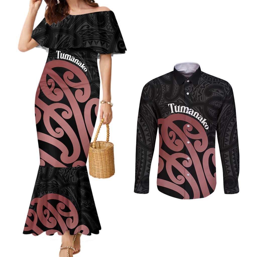 New Zealand Mangopare Tamanako Couples Matching Mermaid Dress and Long Sleeve Button Shirt Aotearoa Maori LT14 Brown - Polynesian Pride