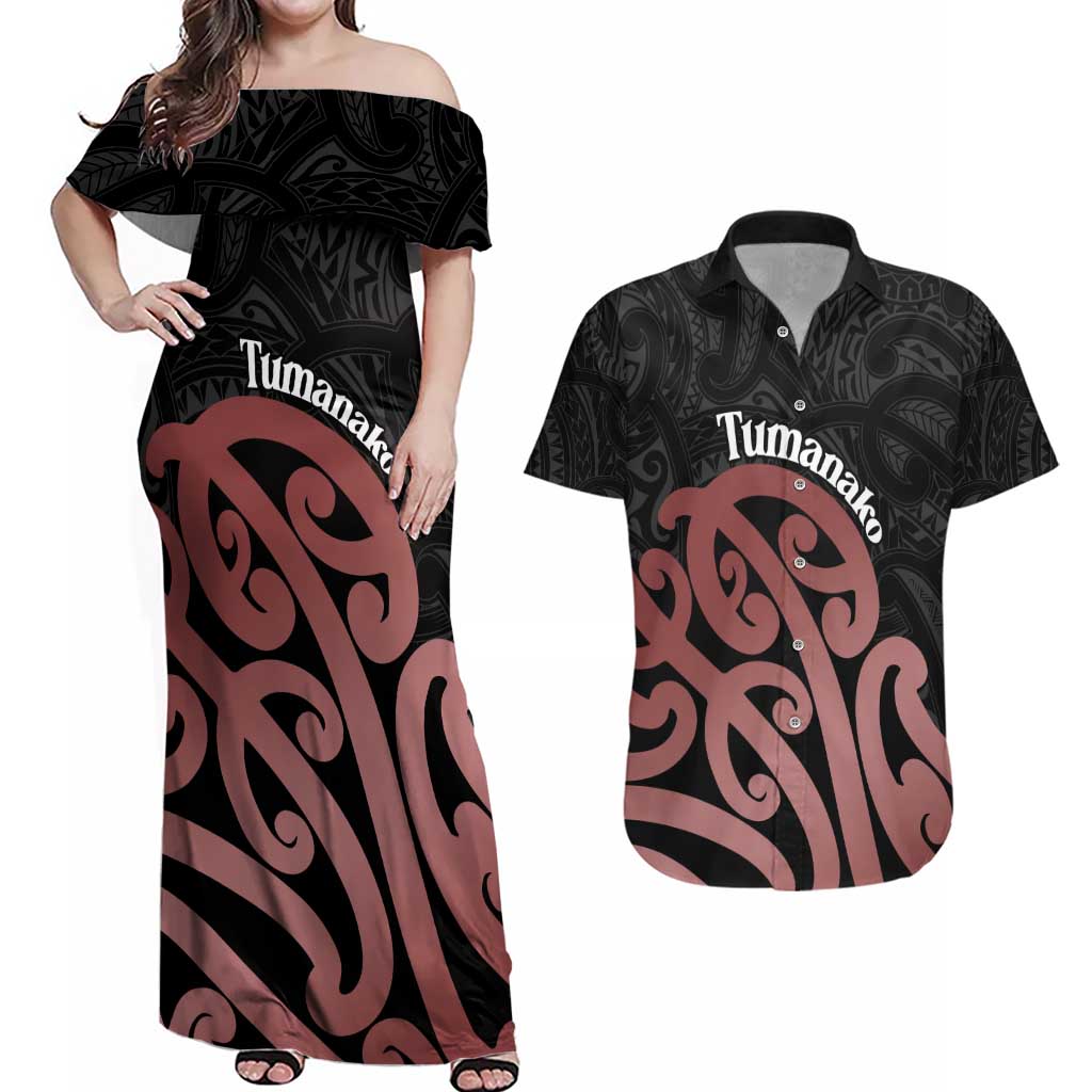 New Zealand Mangopare Tamanako Couples Matching Off Shoulder Maxi Dress and Hawaiian Shirt Aotearoa Maori LT14 Brown - Polynesian Pride