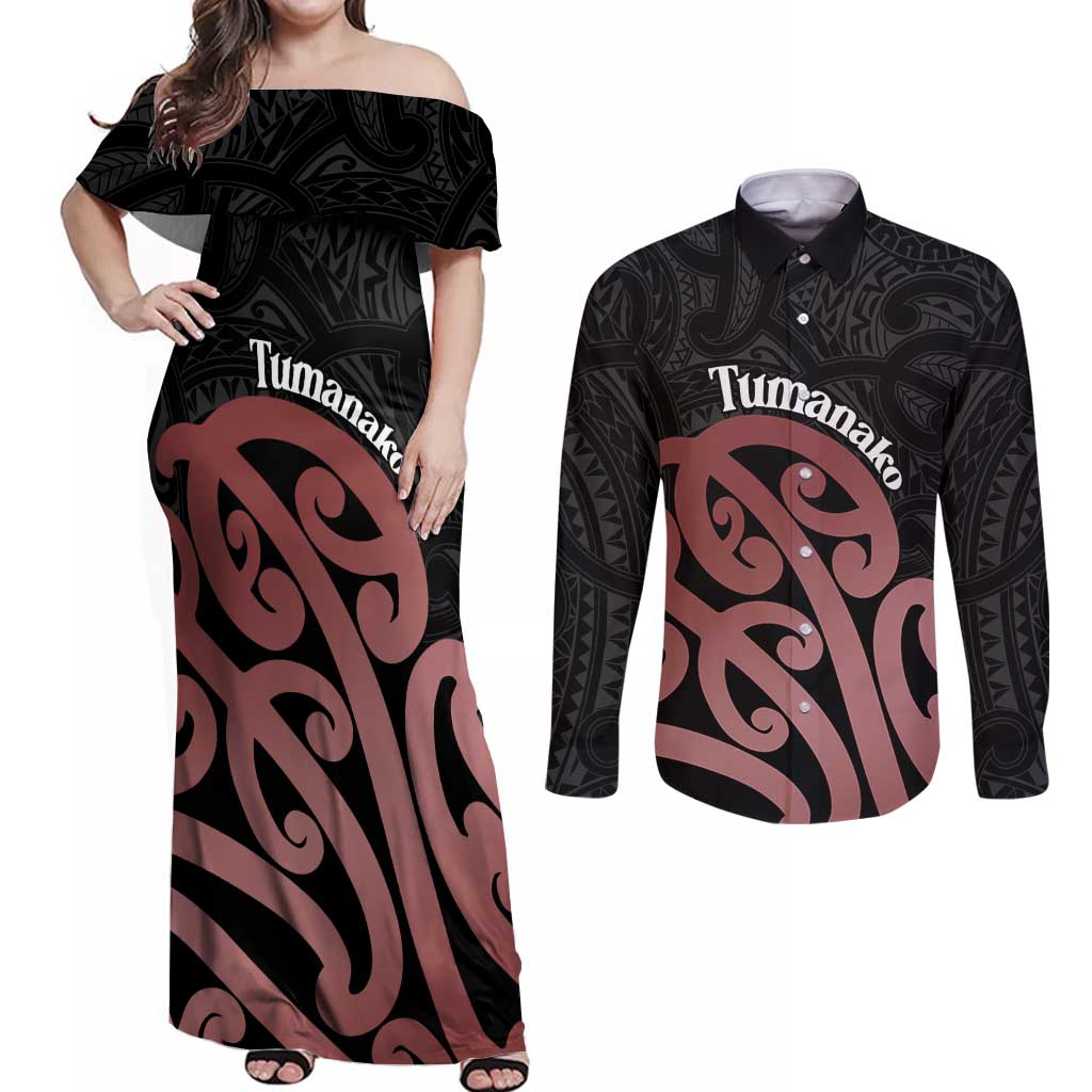 New Zealand Mangopare Tamanako Couples Matching Off Shoulder Maxi Dress and Long Sleeve Button Shirt Aotearoa Maori LT14 Brown - Polynesian Pride