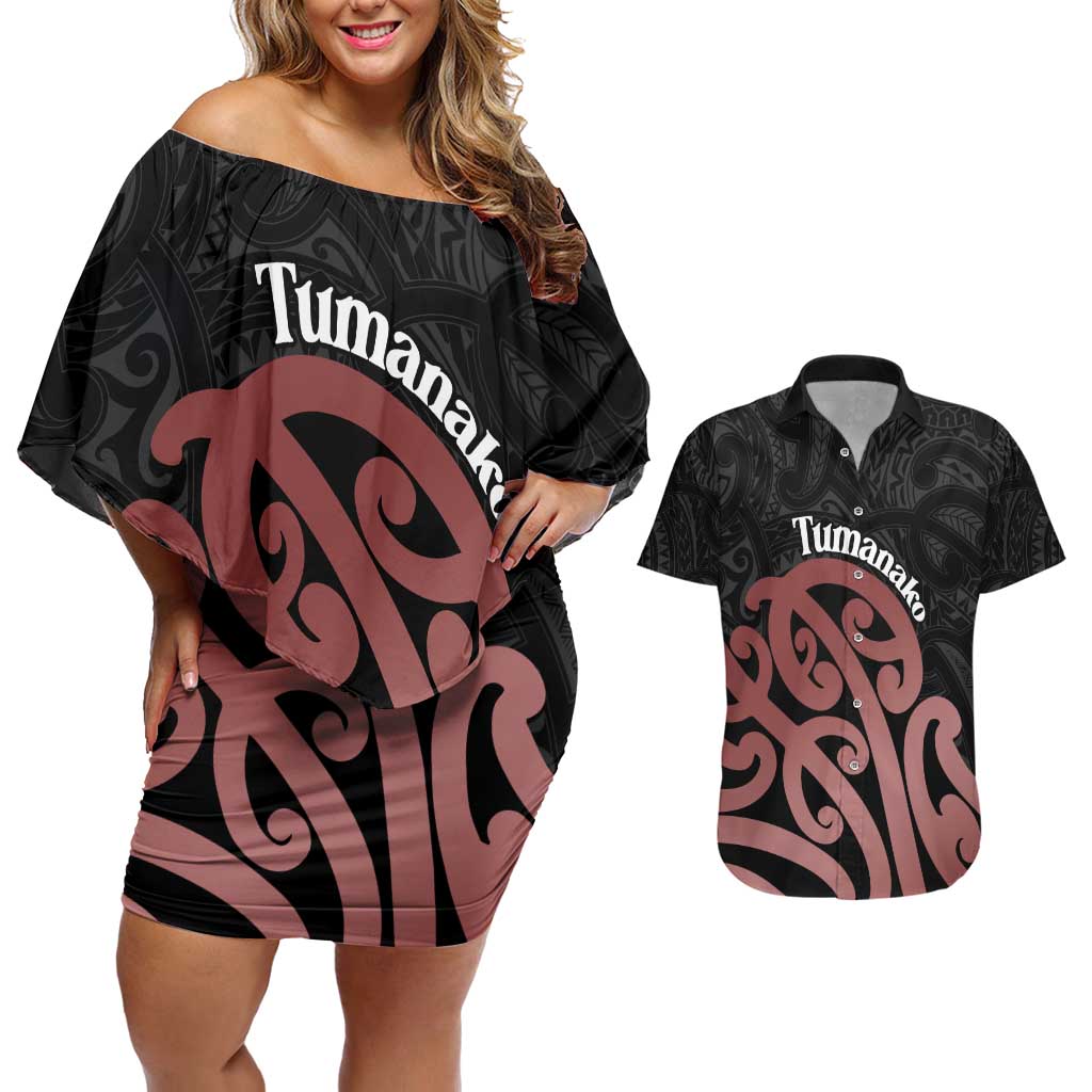 New Zealand Mangopare Tamanako Couples Matching Off Shoulder Short Dress and Hawaiian Shirt Aotearoa Maori LT14 Brown - Polynesian Pride