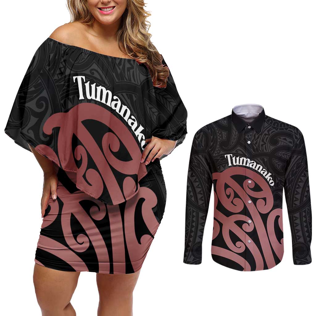 New Zealand Mangopare Tamanako Couples Matching Off Shoulder Short Dress and Long Sleeve Button Shirt Aotearoa Maori LT14 Brown - Polynesian Pride