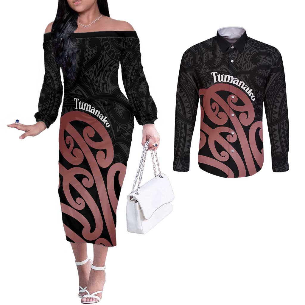 New Zealand Mangopare Tamanako Couples Matching Off The Shoulder Long Sleeve Dress and Long Sleeve Button Shirt Aotearoa Maori LT14 Brown - Polynesian Pride